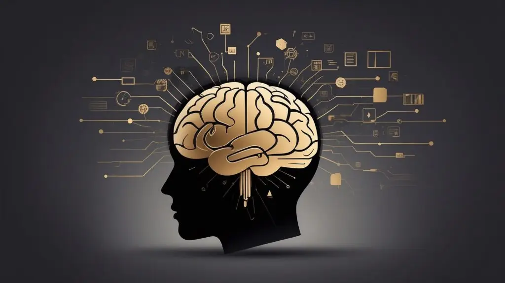 Ilustração conceitual de cérebro dourado conectado a redes neurais digitais, representando desbloqueio mental e alta performance no empreendedorismo.