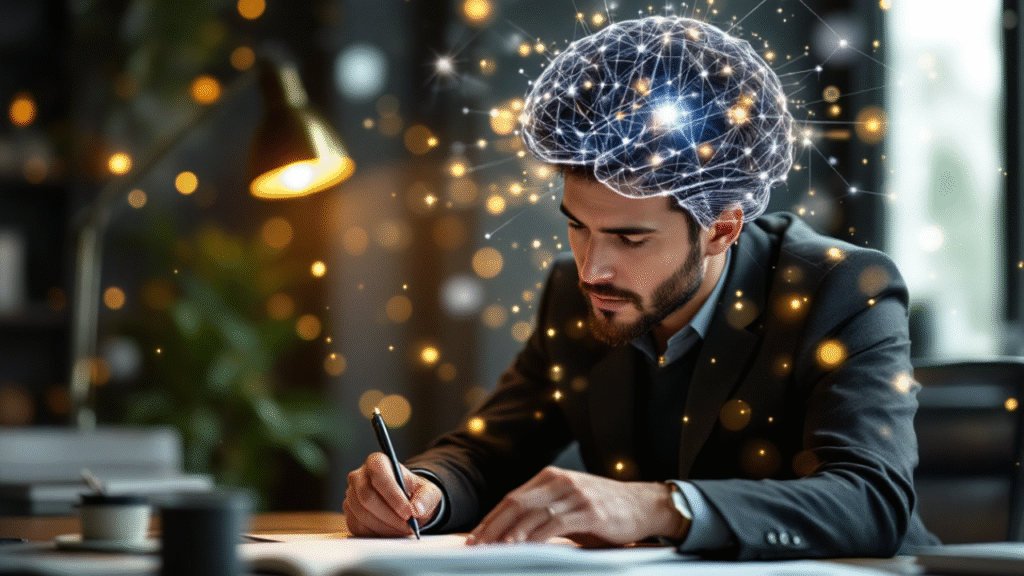 Homem escrevendo com concentração em um ambiente de trabalho aconchegante, enquanto uma representação visual do cérebro iluminado e conectado simboliza clareza mental, foco e domínio emocional.