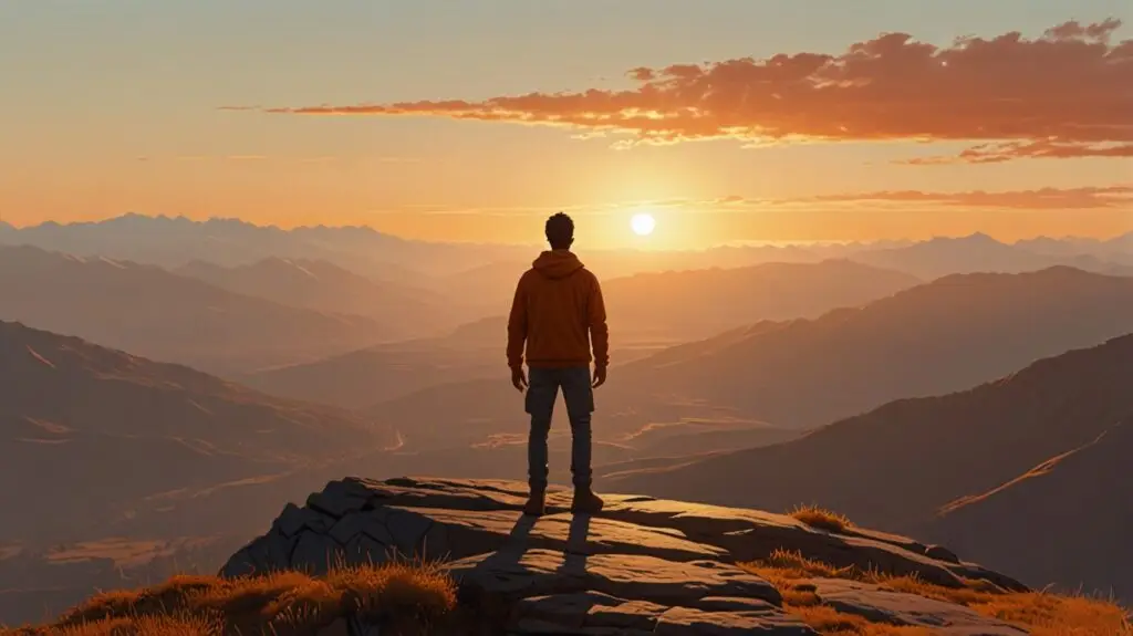 Ilustração minimalista de um homem em pé no topo de uma montanha ao pôr do sol, olhando para o horizonte iluminado. Representa foco, clareza mental e propósito no empreendedorismo.