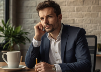 homem-cansado-pensativo Homem elegante, com expressão pensativa, sentado à mesa com um caderno aberto e uma caneca ao lado, simbolizando discernimento, análise e busca por soluções verdadeiras.