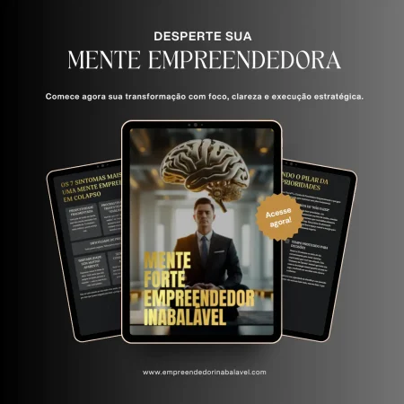 Mockup do e-book Mente Forte, Empreendedor Inabalável com capa e conteúdo exibidos em tablets, destacando foco, clareza e execução estratégica.