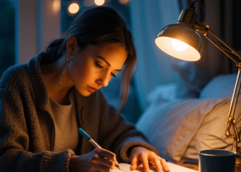 mulher-escrevendo-no quarto-sob-luz-de-luminaria Mulher jovem escrevendo em um caderno sobre a cama, sob a luz suave de um abajur, com expressão introspectiva e ambiente acolhedor, sugerindo reflexão e busca por sentido.